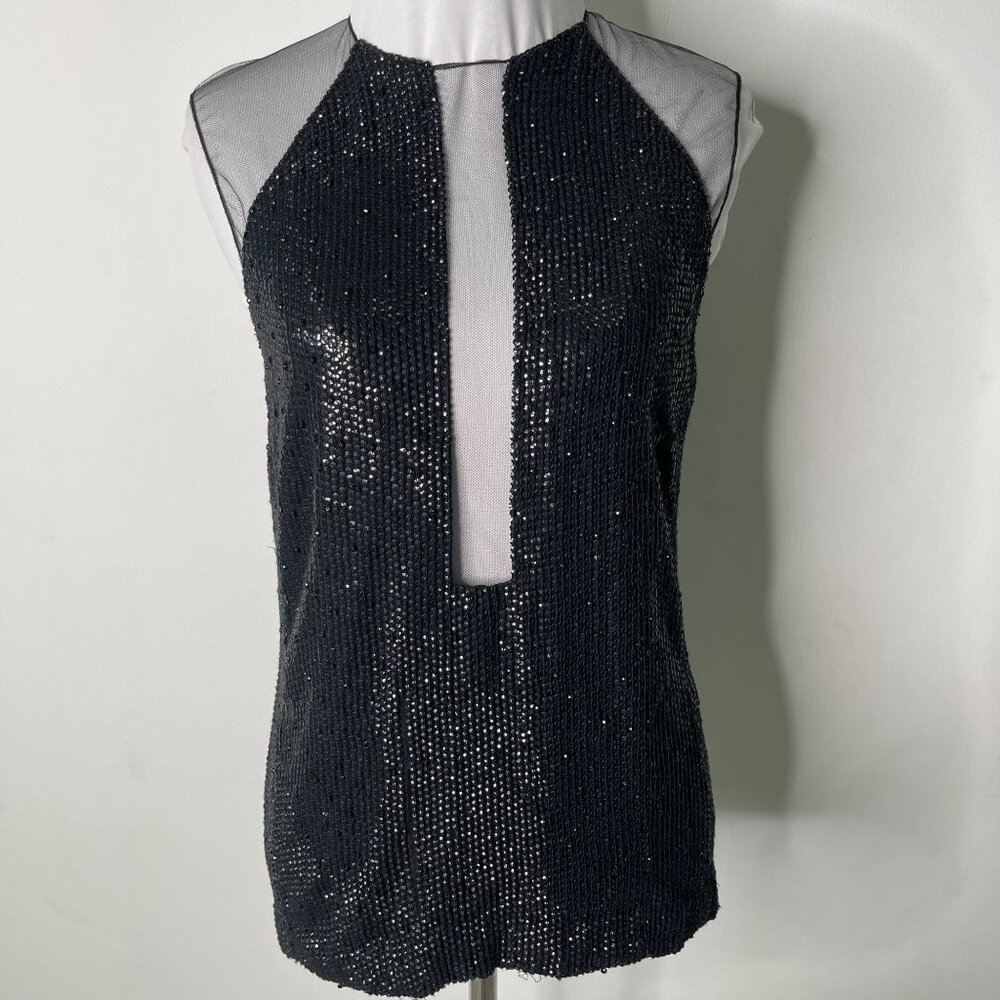 Kaufmanfranco Women's Black Sequin Sheer Sleeveless Silk Blouse Size